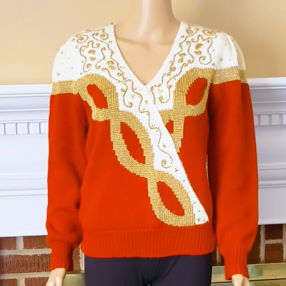 Vintage Beaded V-Neck Holiday Sweater M Long Sleeve Red White Gold Weaving